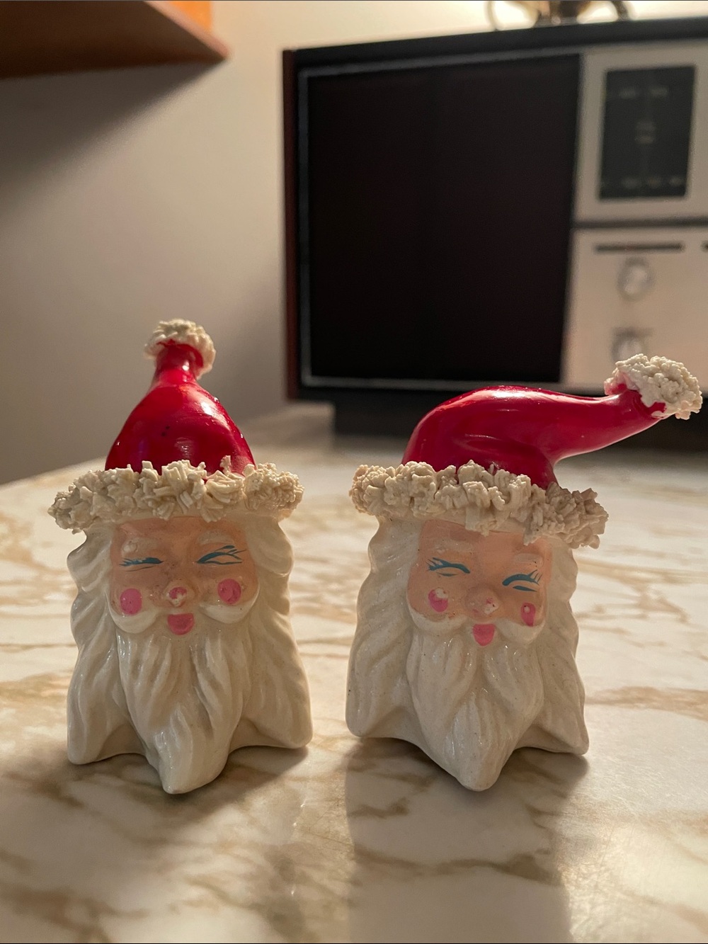 Vintage Inarco Ceramic Santa Heads Salt Pepper Shakers Spaghetti Trim 1950’s